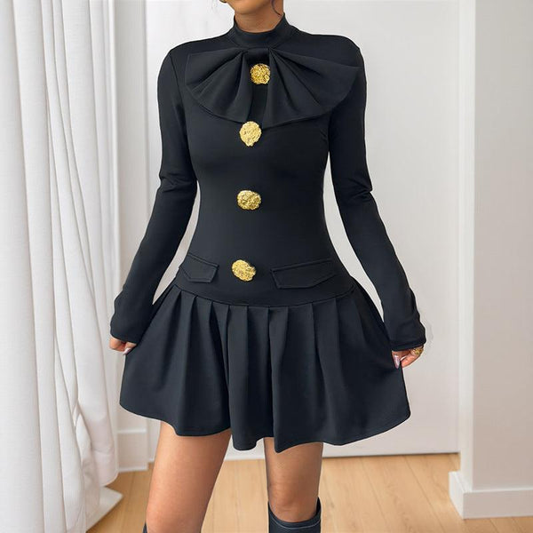 Bowknot Button Decorated Stand Collar Long Sleeve Dress