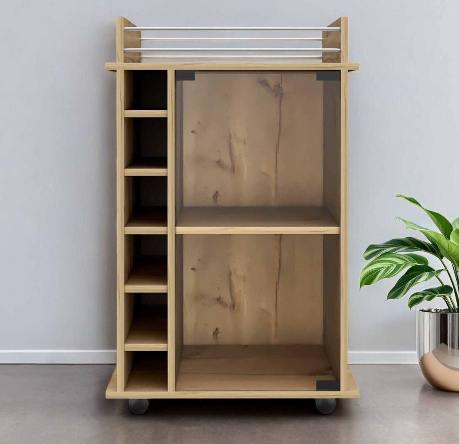 Oak Rolling Bar Cart With Wine Storage