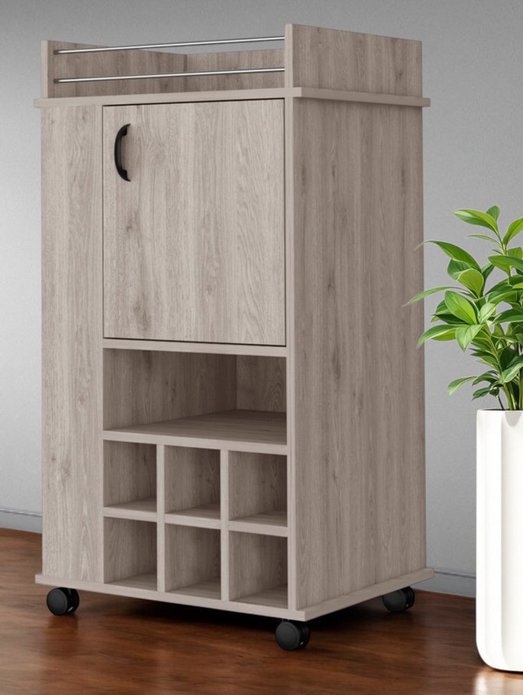 Light Gray Rolling Bar Cart With Wine Storage