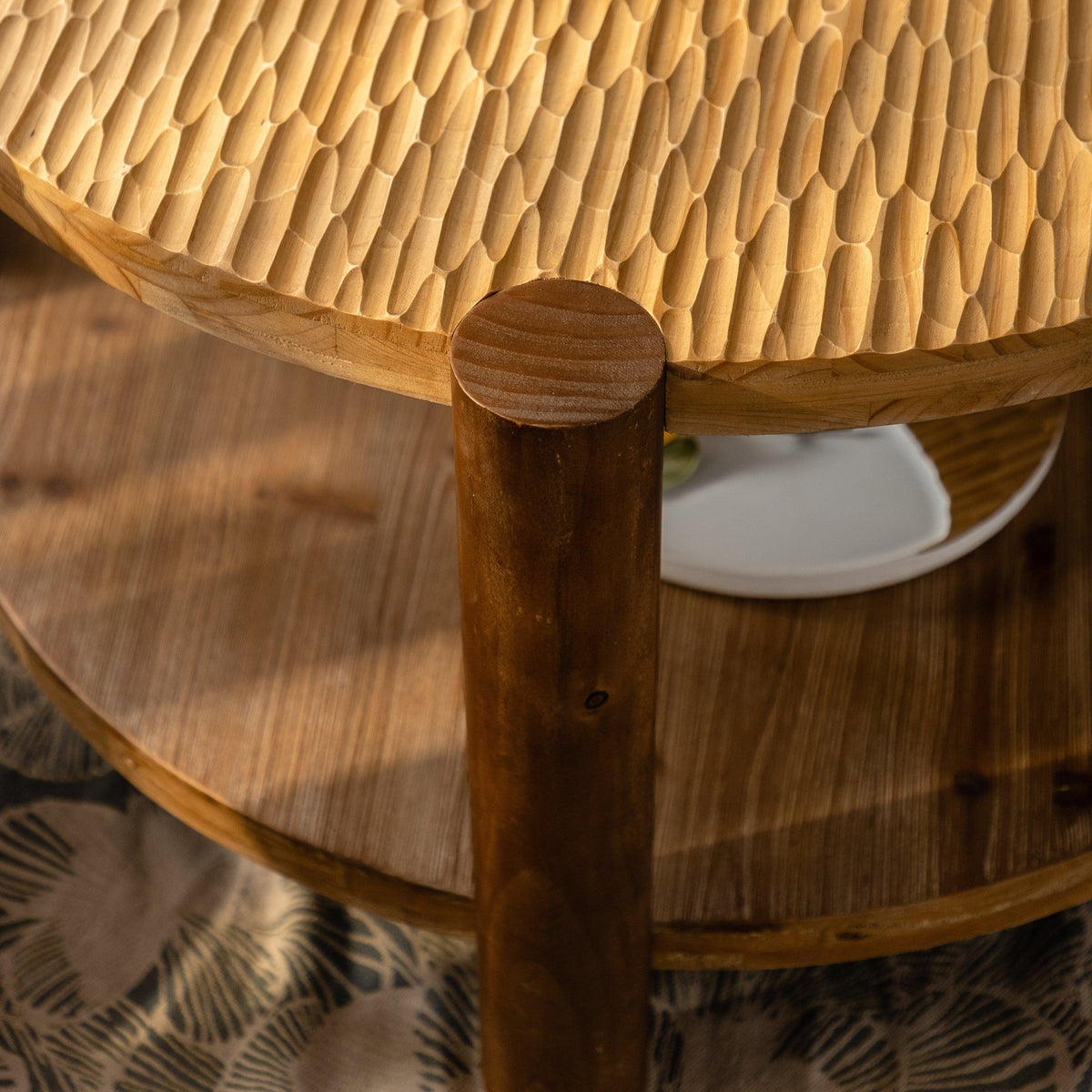 Round Natural Wood Coffee Table with 2-Tier Storage Shelf for Living Room