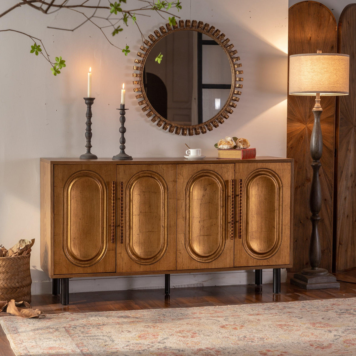 Antique Gold Sideboard Buffet Cabinet with Arched Doors