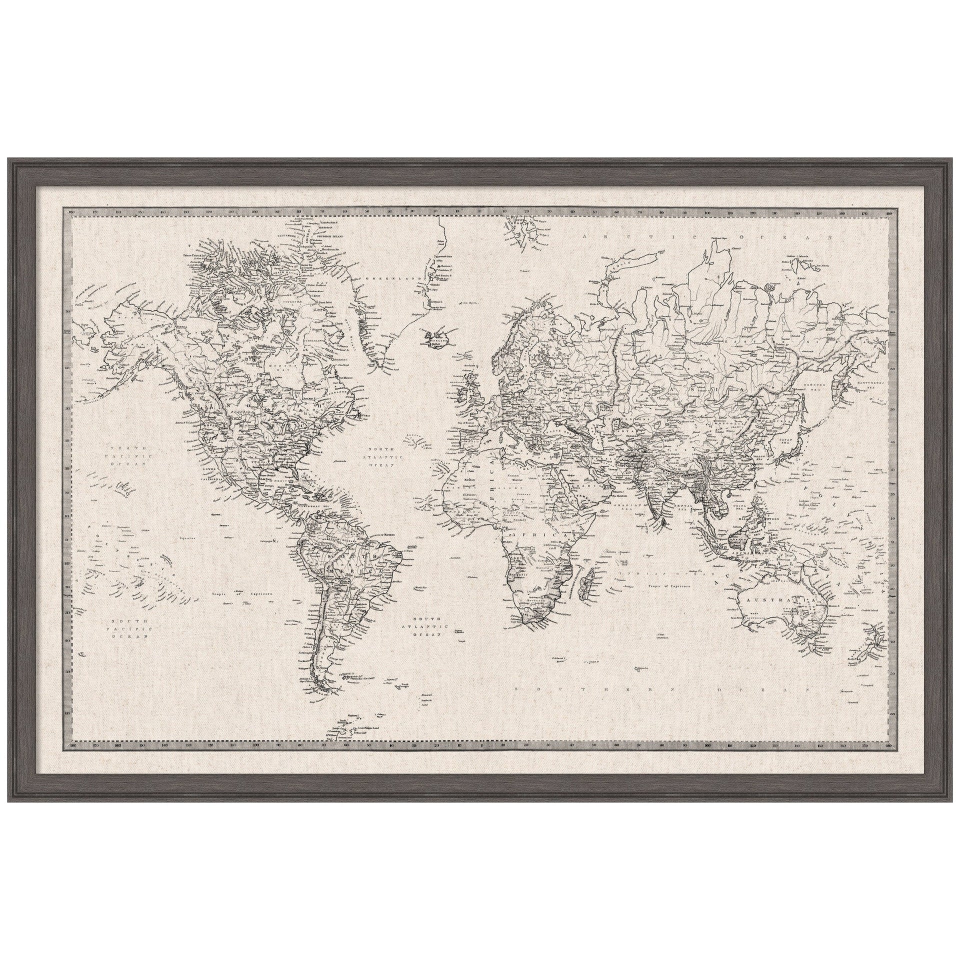 Framed Fabric Pinboard Vintage Black and White Linen World Map Wall Organization