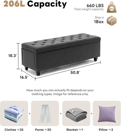50.8 Inches Gray Upholstered Storage Ottoman Bench