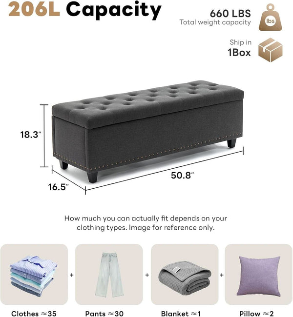 50.8 Inches Gray Upholstered Storage Ottoman Bench