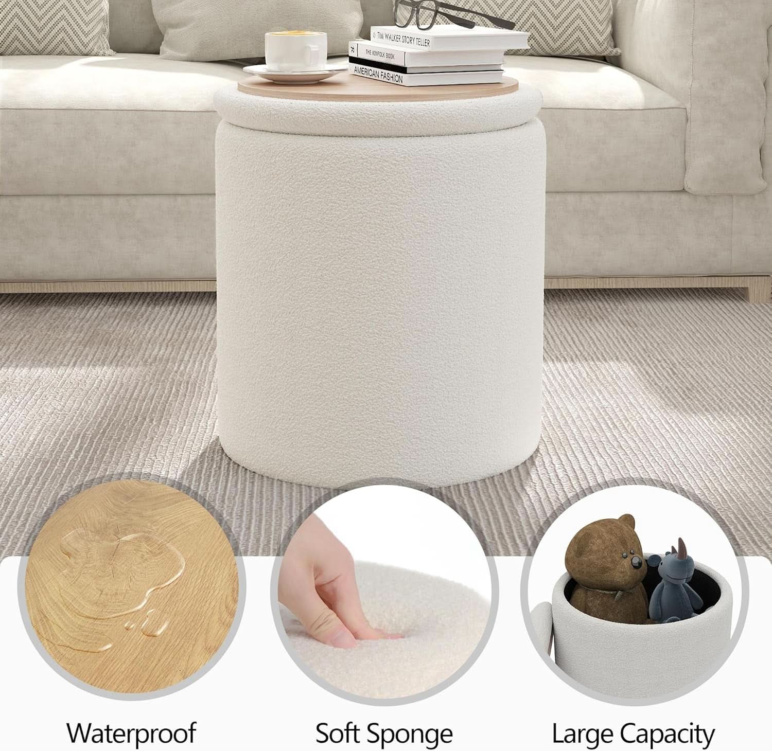 White Storage Ottoman Pouf With Hidden Compartment