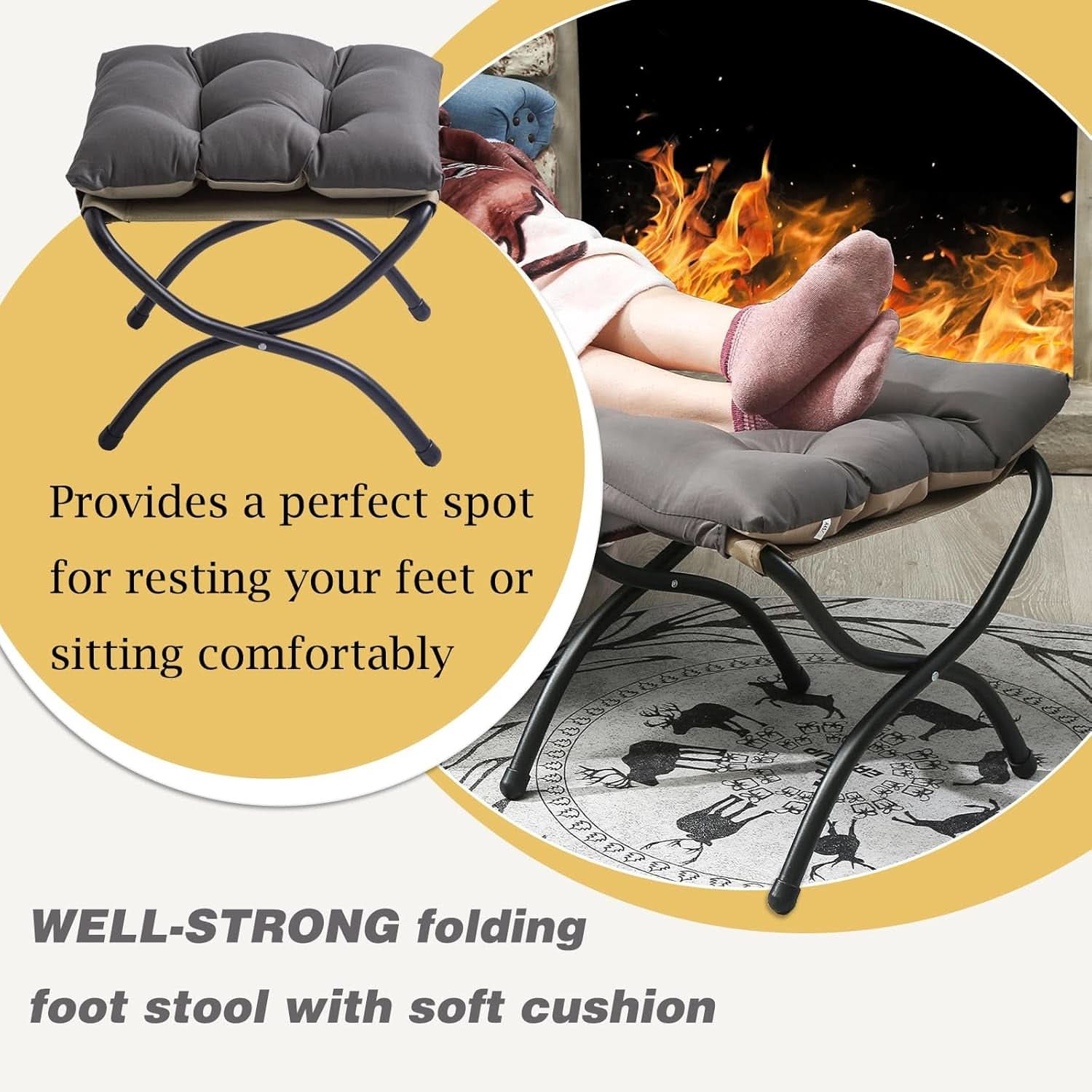 15 Inch Foldable Foot Stool Ottoman Charcoal Gray Washable