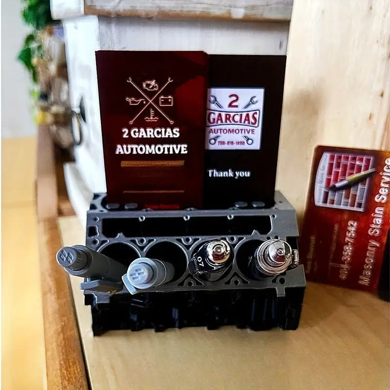 Engine Block Desk Organizer: Modern art for desktop/bookshelf. Holds business cards, a creative office accessory.
