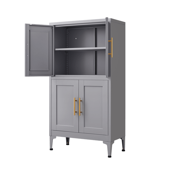 Grey metal kitchen storage cabinet, kitchen pantry storage cabinet with door and shelf, adjustable leveling feet