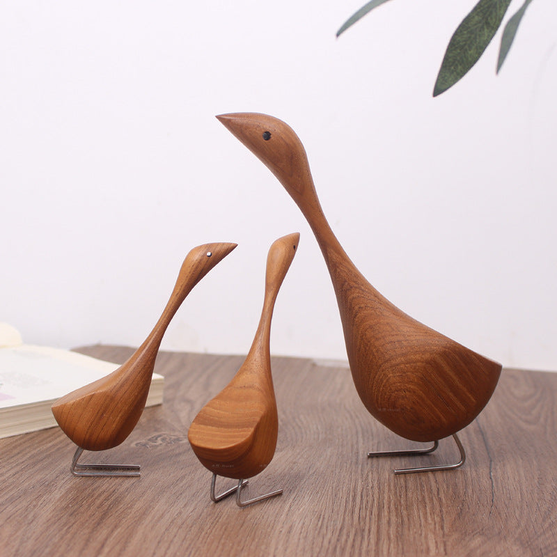 Swan Wooden Figurine Creative Desktop Home Decor Wood Carved Goose Craft Carving Nordic Figurine