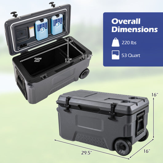 53 Quart Portable Rolling Cooler with Fish Ruler for Outdoor-Gray