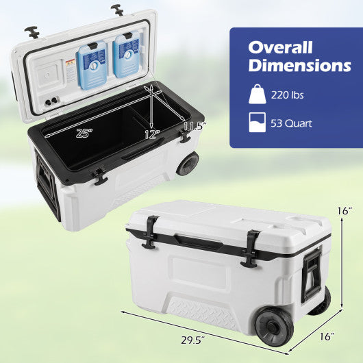 53 Quart Portable Rolling Cooler with Fish Ruler for Outdoor-White