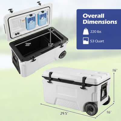 53 Quart Portable Rolling Cooler with Fish Ruler for Outdoor-White