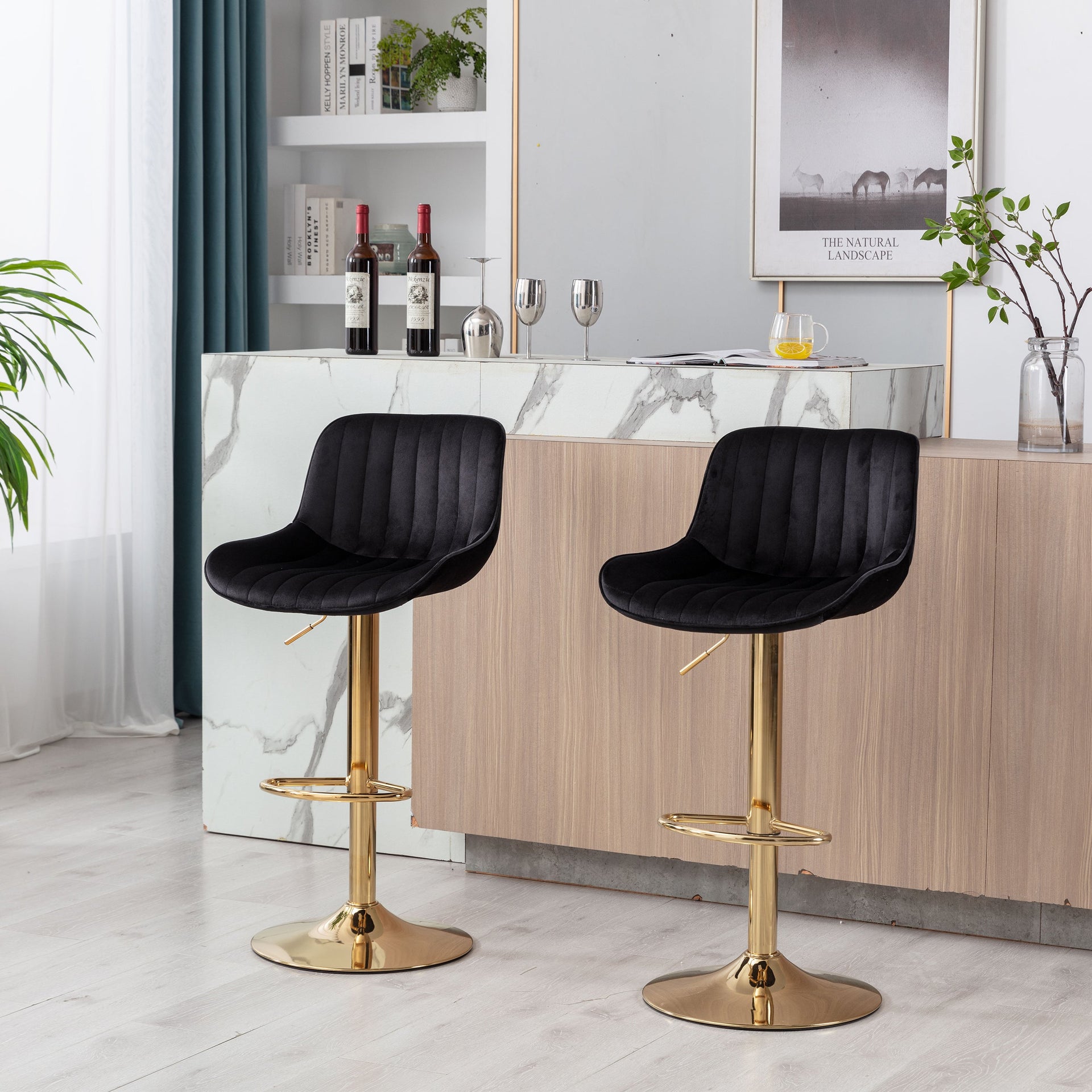 Chrome Footrest & Base Swivel Height-Adjustable Velvet Golden-Leg Bar Stool