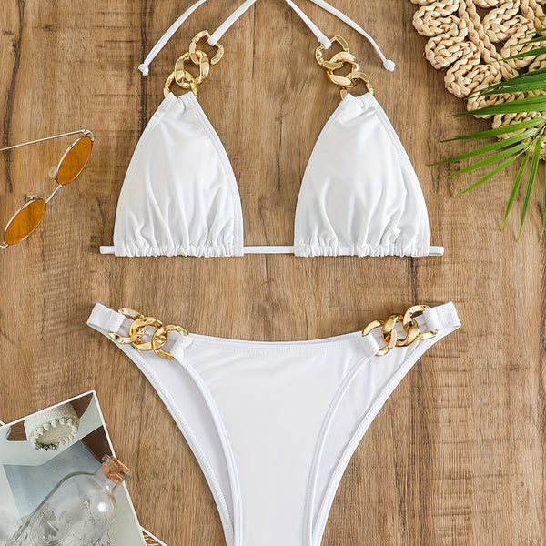 Luxe Chain Link Triangle Halter Bikini Set – Chic V Neck 2 Piece Swimsuit with Lace-Up Tie Back High Stretch Nylon Blend and Sleek Solid Color Finish – Women's Elegant Swimwear for Summer Beach & Pool Style
