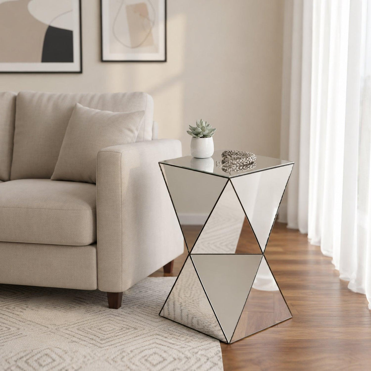 Silver Mirrored Geometric Side Table