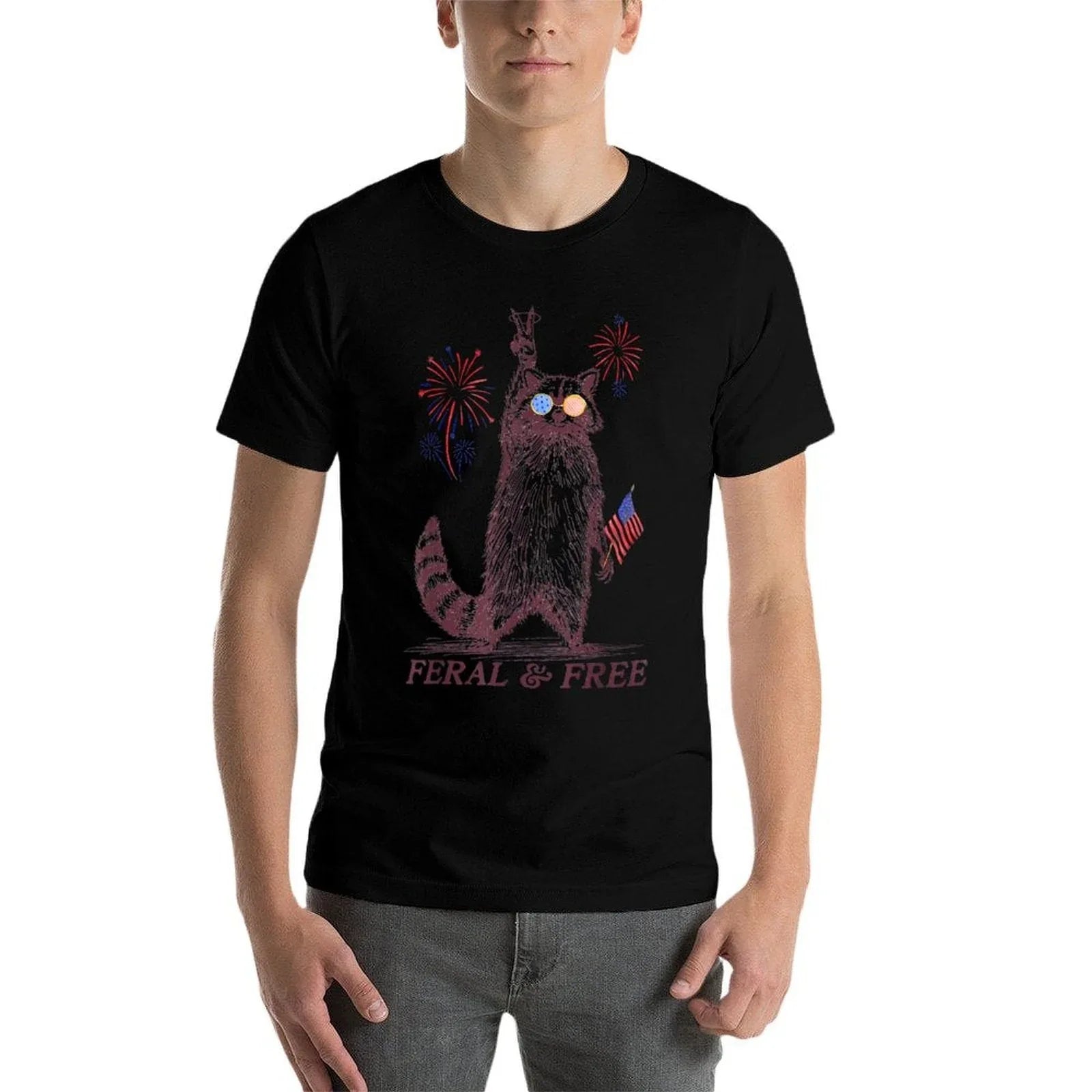 Feral & Free Funny Patriotic Racoon Feral And Free 4th July  Heathered Texture T-Shirt