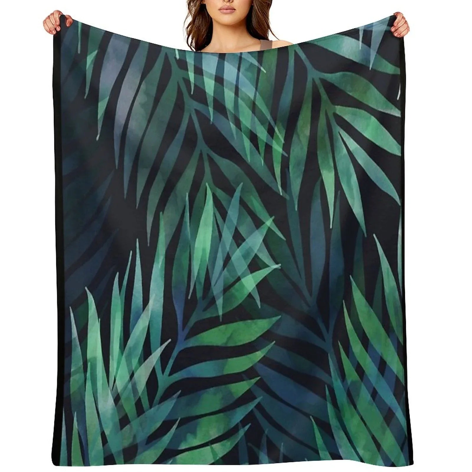 Dark Green Palms Leaves Pattern Throw Blanket