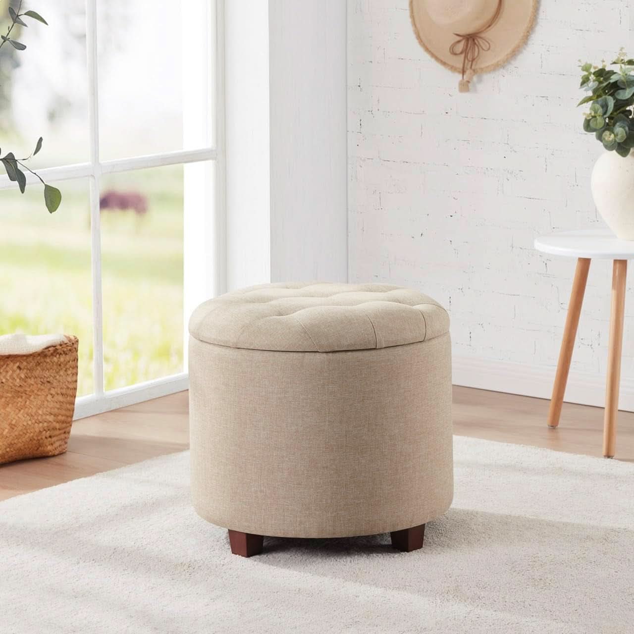 Linen Beige Round Storage Ottoman Living Space Bundle