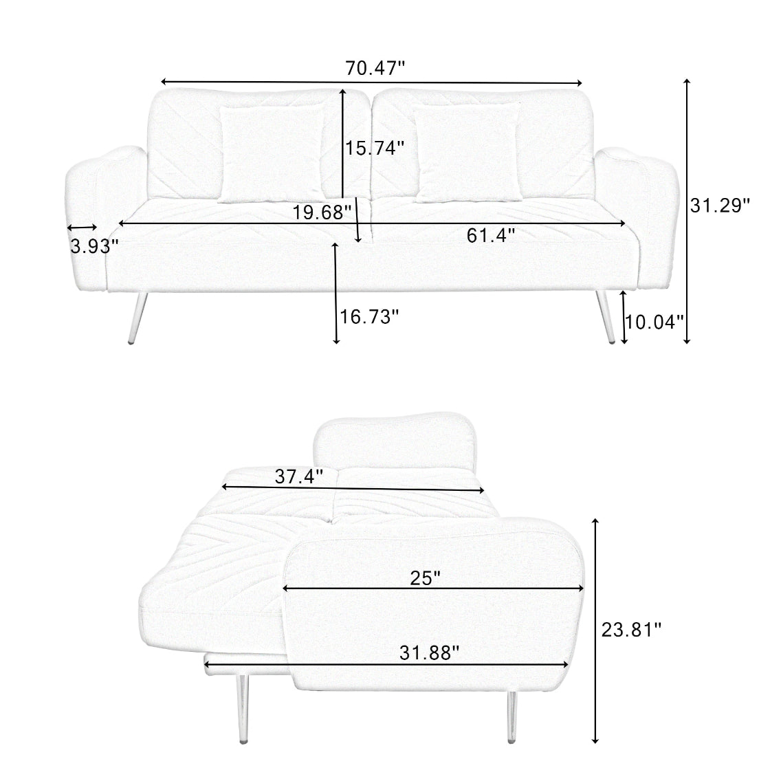 Dimensions of a white sofa and chair on a white background