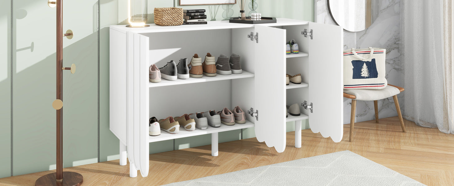 ON-TRANS Cream Style Shoe Cabinet with 5 Adjustable Solid Wood Legs, Large Storage Cabinet with Wave Doors, White