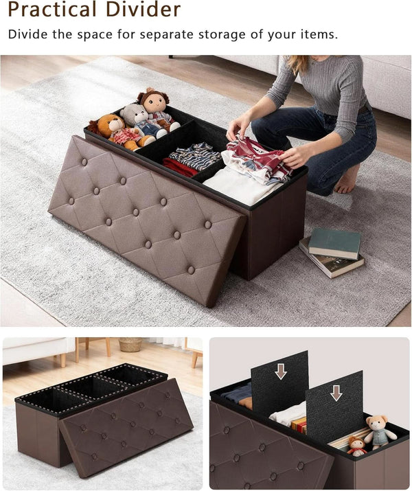 Forty Three Inch Brown Storage Ottoman With Concealed Dividers