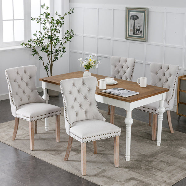 Nikki Collection Modern Tufted Solid Wood Flax Upholstered Dining Chair Nailhead Trim Set