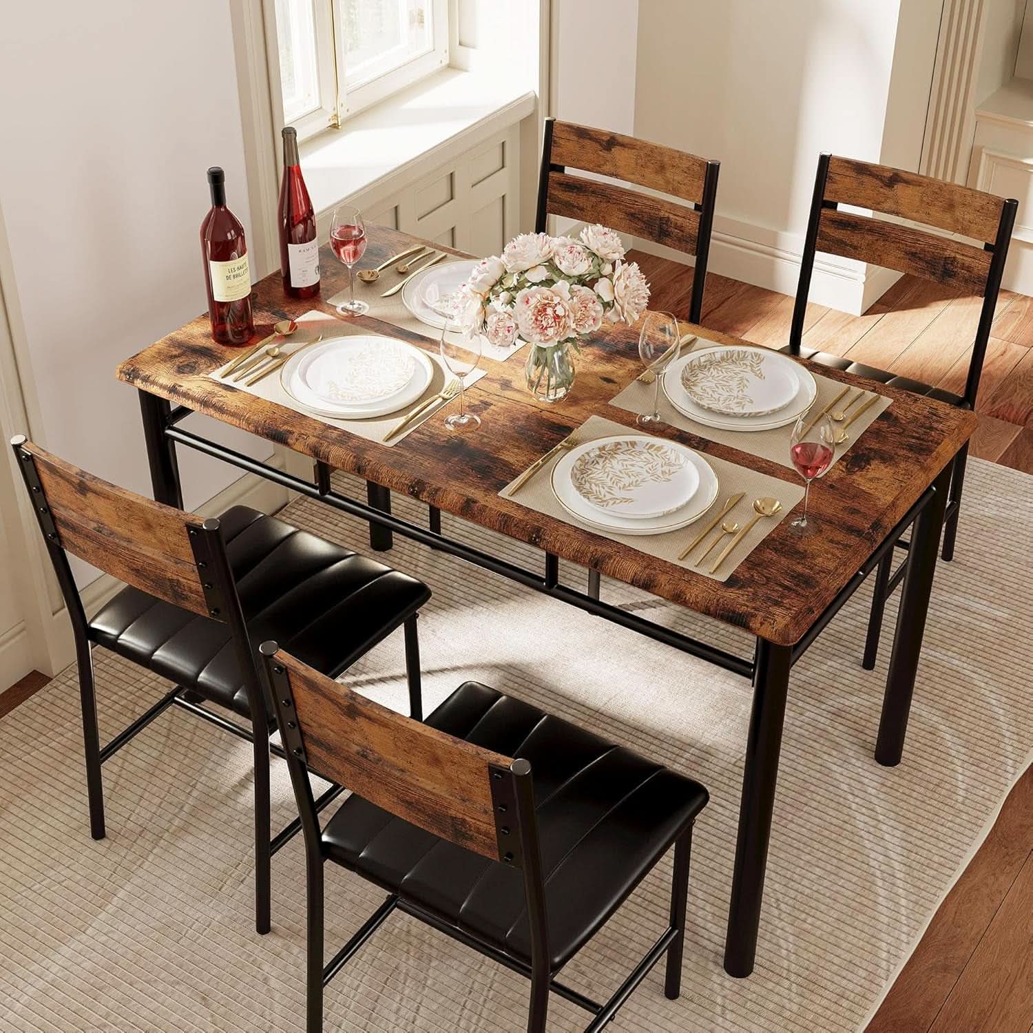 Dining Table Set For 4 Wood Kitchen Table With Upholstered Chairs Rustic Brown