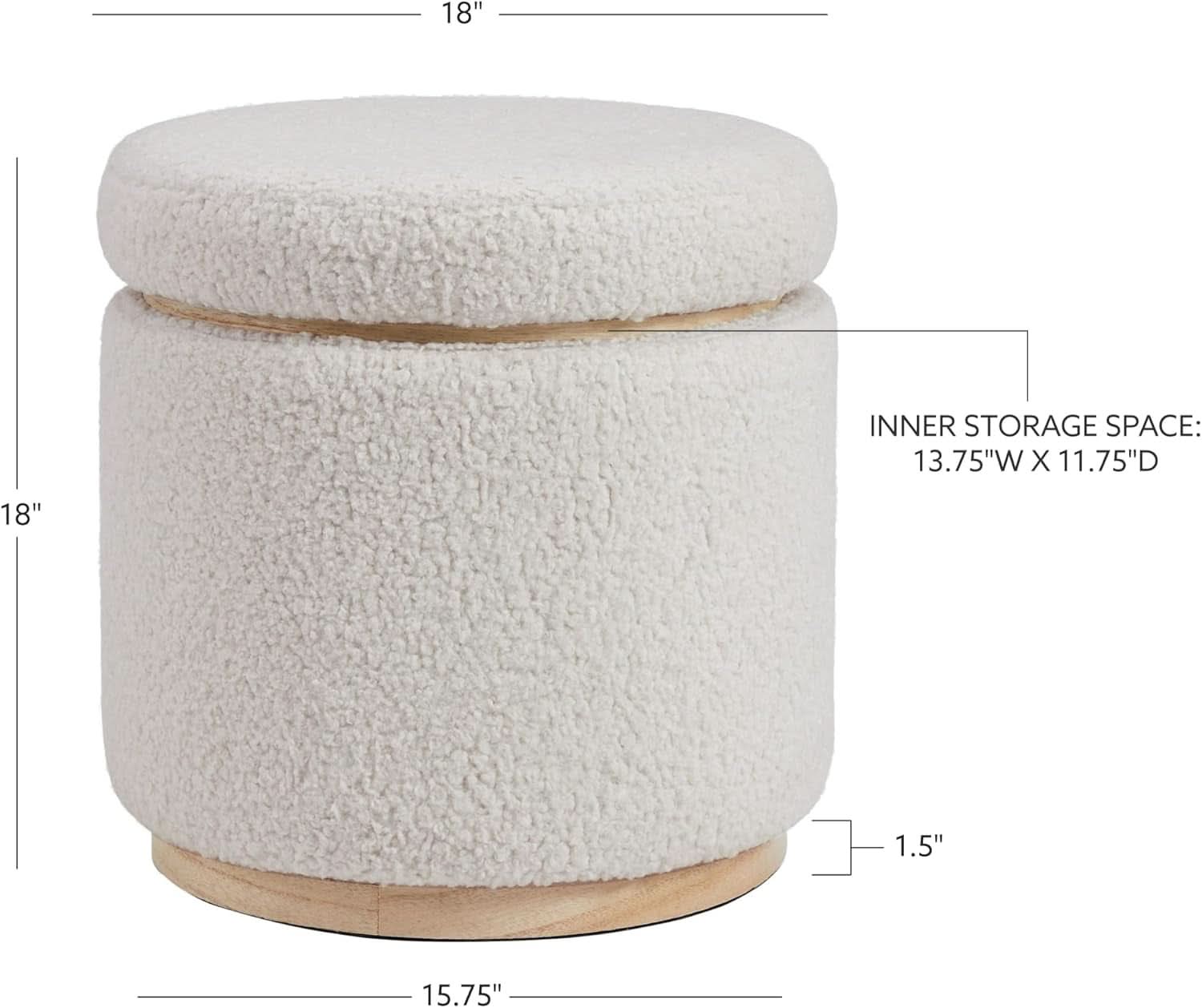 Cream Sherpa Deluxe Storage Ottoman Solidwood Base