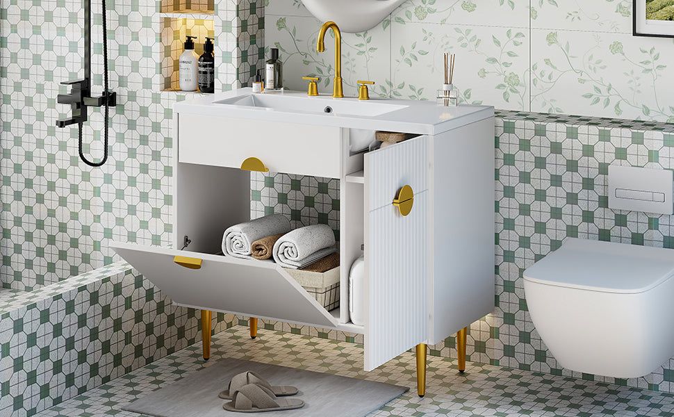 36' Bathroom Vanity with Resin Basin Sink, Modern Bathroom Sink Cabinet, Storage Cabinet with Soft-Closing Door and Drop-Down Door