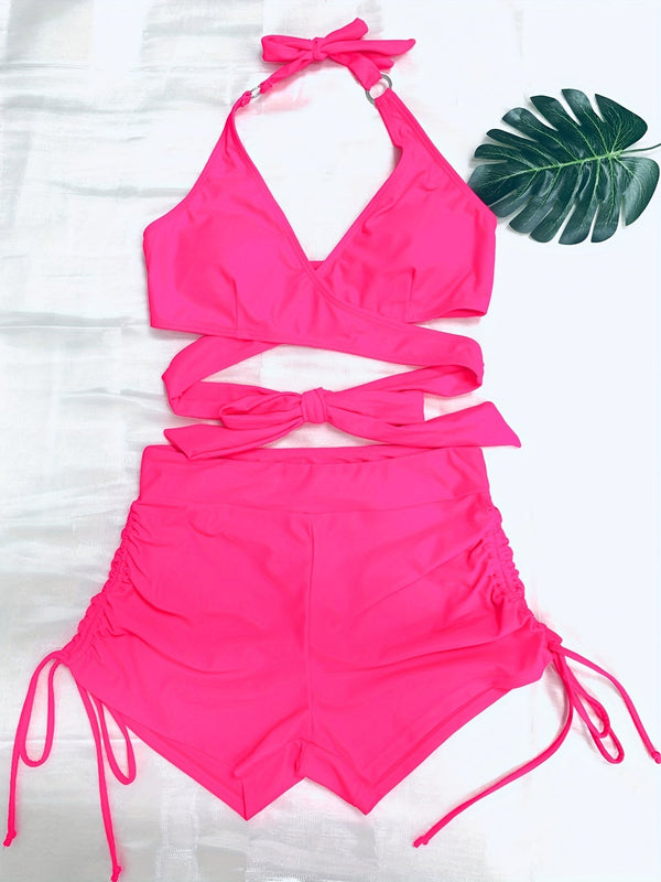 Coastal Curve Halter Bikini Set for Women – V-Neck Crisscross Drawstring Swimsuit with Chic Ring Detail & High-Waisted Boxer Shorts for Summer – Sleek Two-Piece Nylon Swimwear for Women’s Beach & Poolside Style