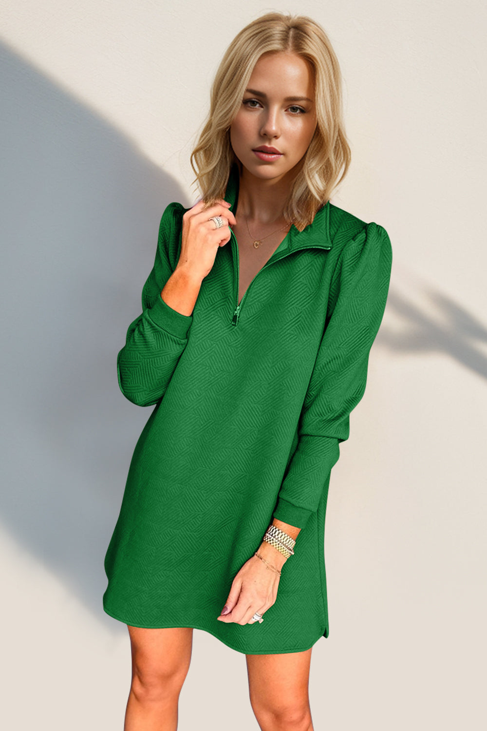 Double Take Textured Zip Long Sleeve Dress Classic Zip-Up Dress for Women Comfortable Outdoor Dress