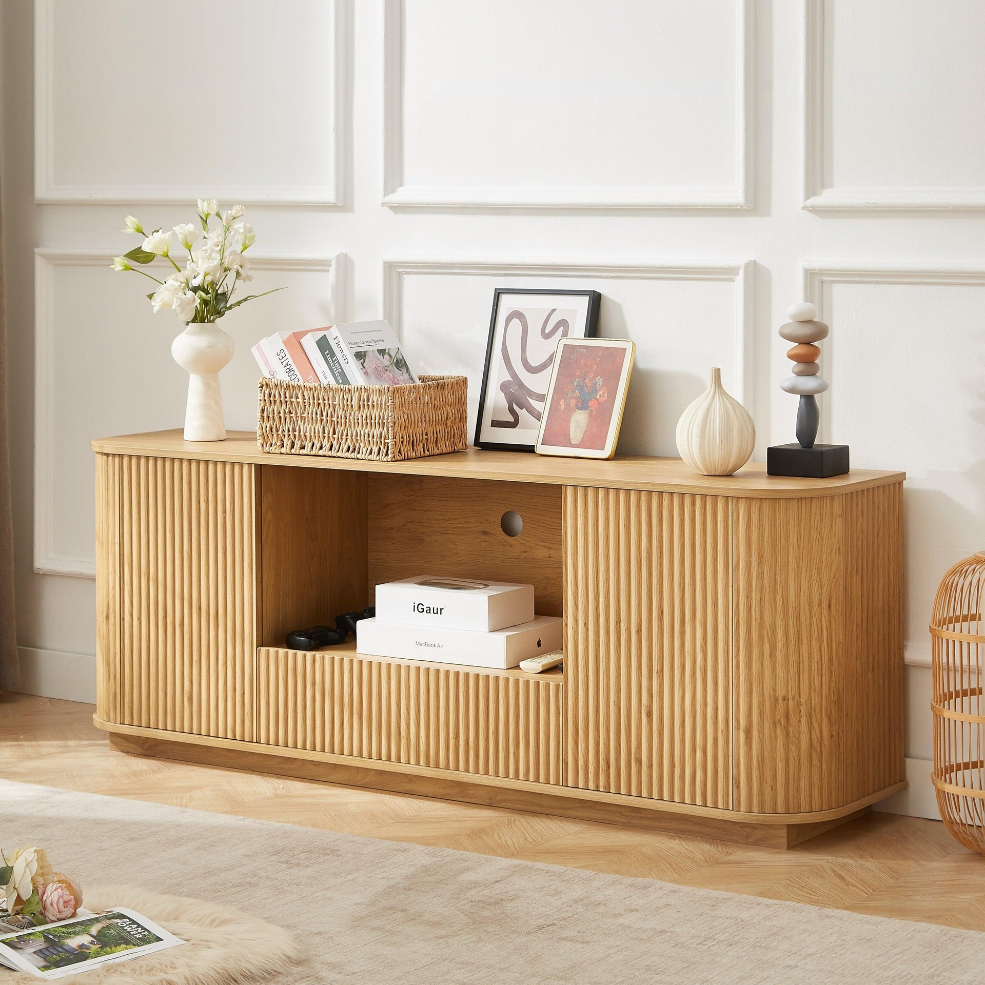 Ripple Modern TV Console – Soft Curves, Natural Wood Look
