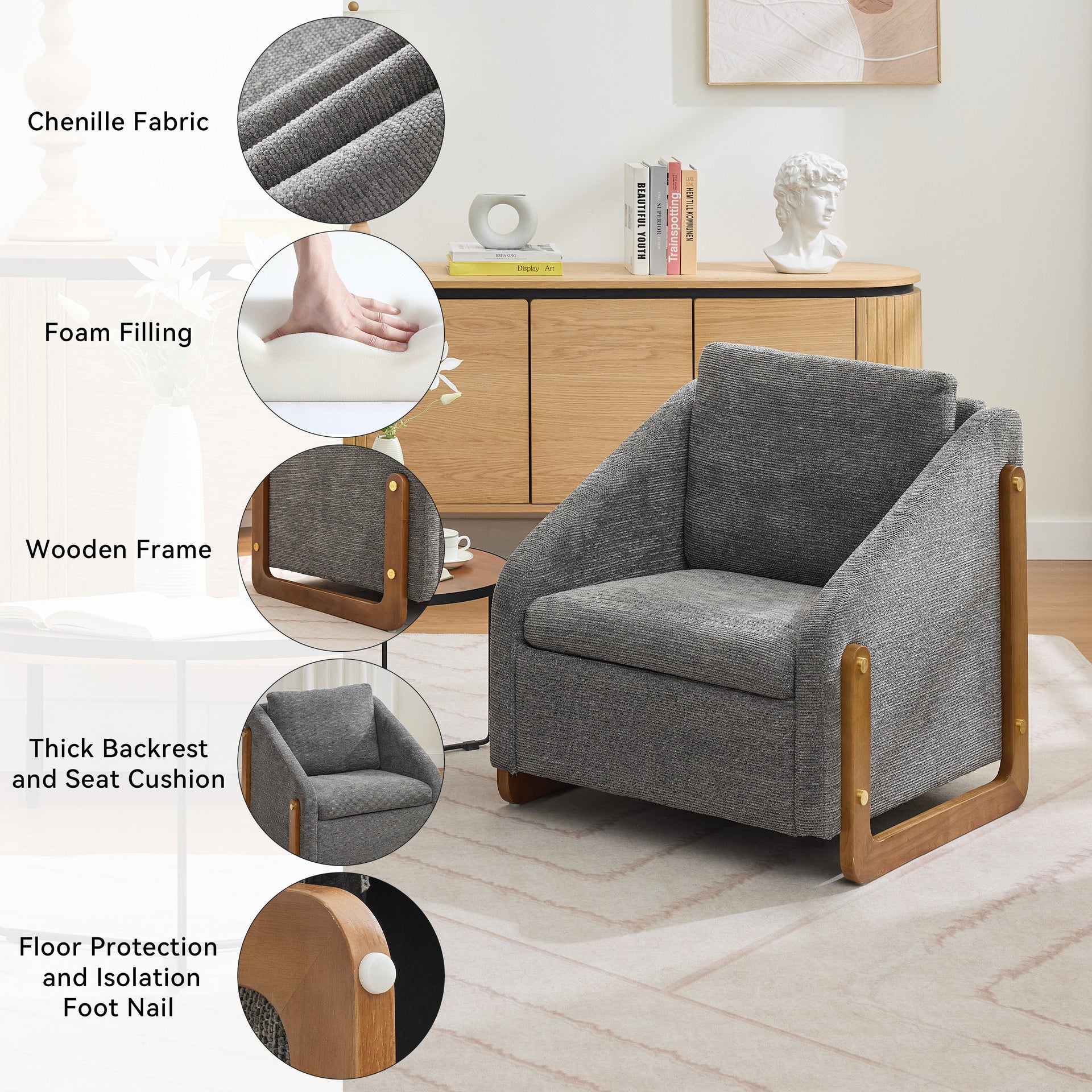 Modern Chenille Upholstered Armchair with Wooden Side Frame in Gray