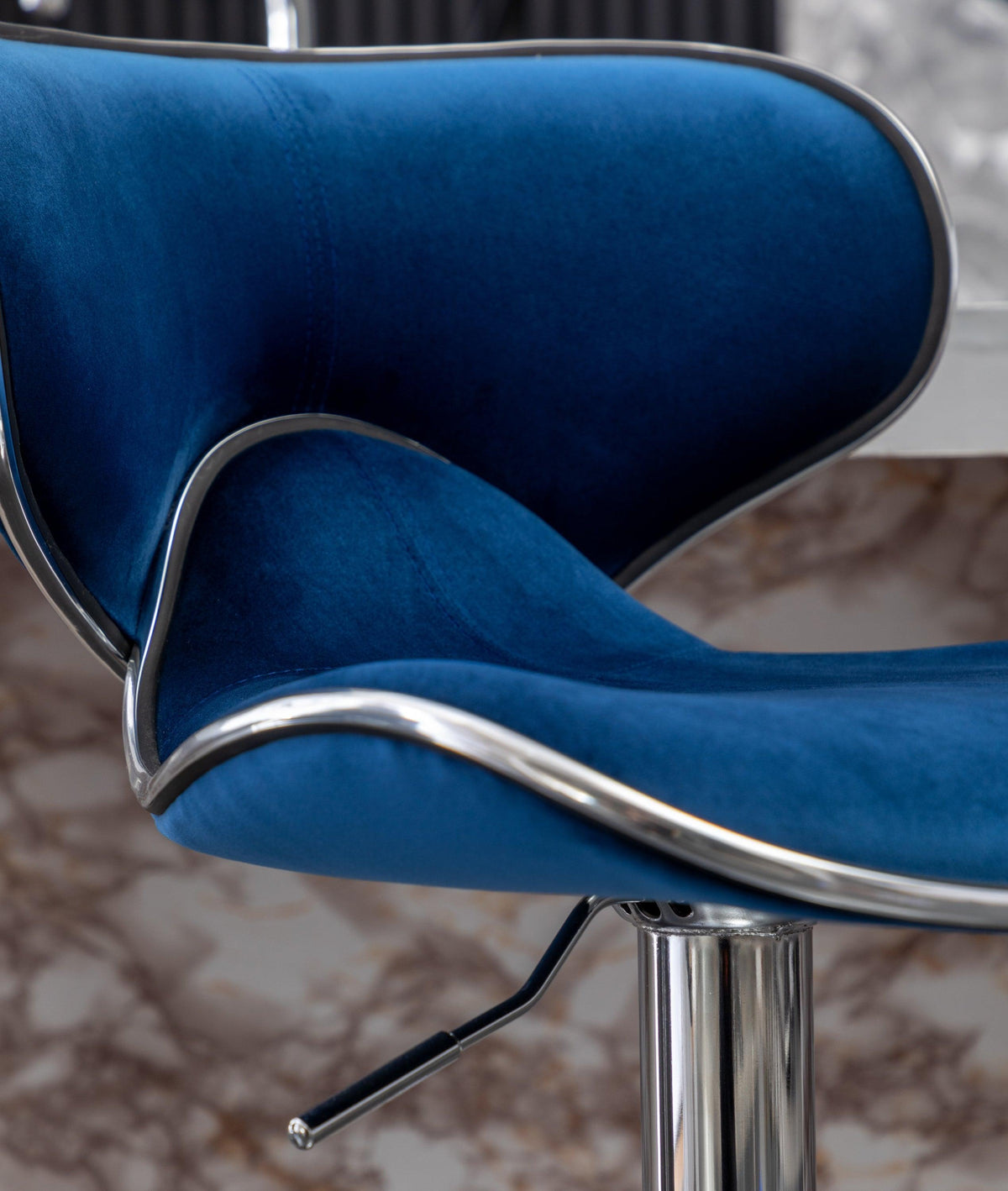 Blue Velvet Adjustable Swivel Bar Stools with Chrome Base & Footrest – Set of 2
