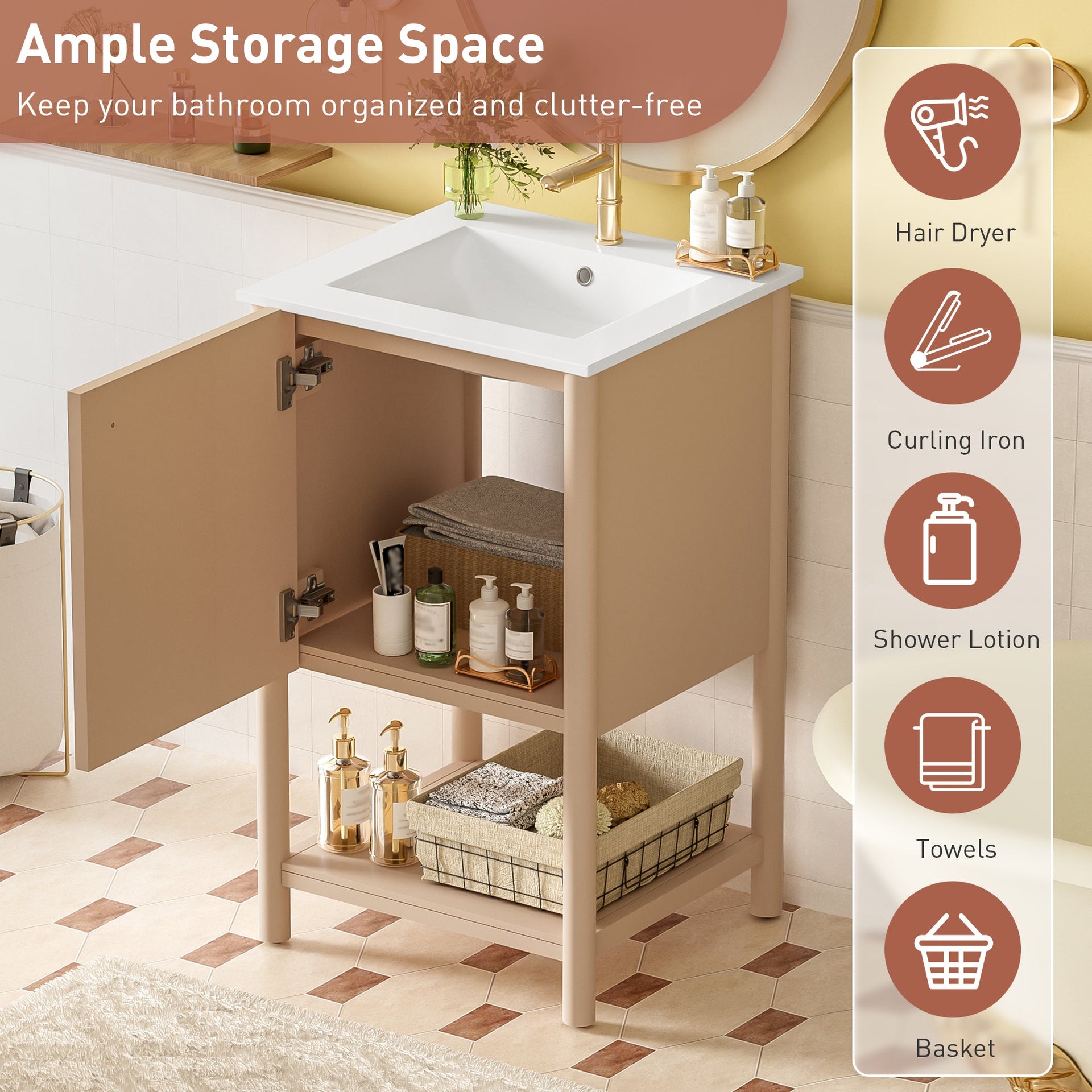 20-inch Bathroom Vanity with Ceramic Sink, Freestanding Single Vanity Set with Soft Closing Door,  French Style.