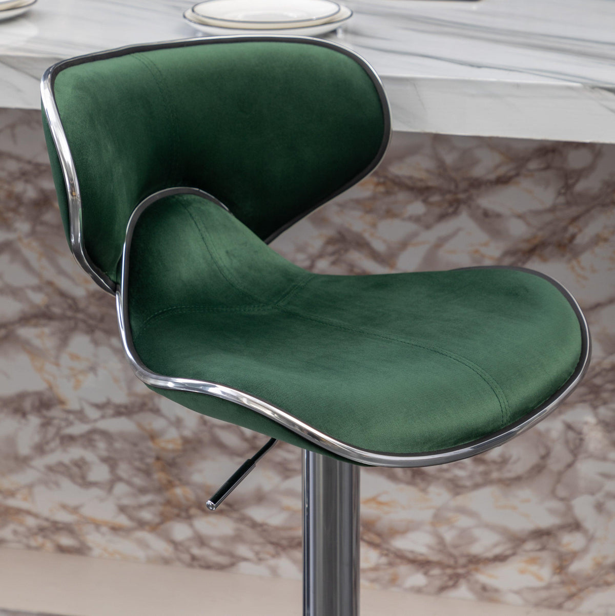 Green Velvet Adjustable Swivel Bar Stools with Chrome Base & Footrest – Set of 2