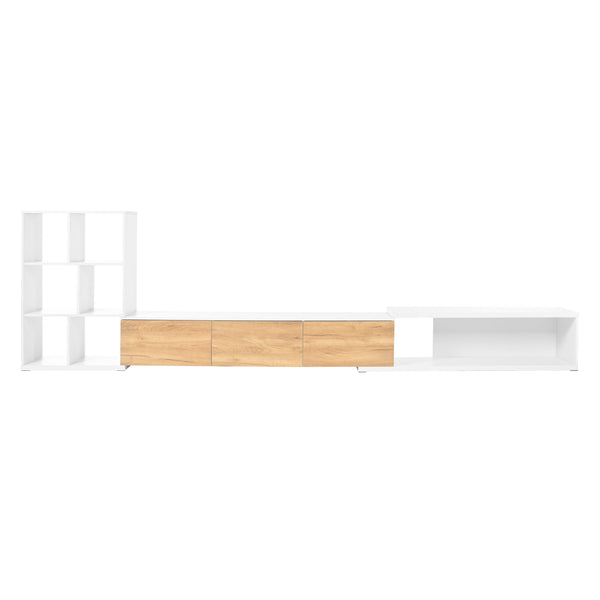 Straight-on view of Buddify Extendable TV Stand with 3 Tier Bookshelves, showing sleek white frame and natural wood drawers.