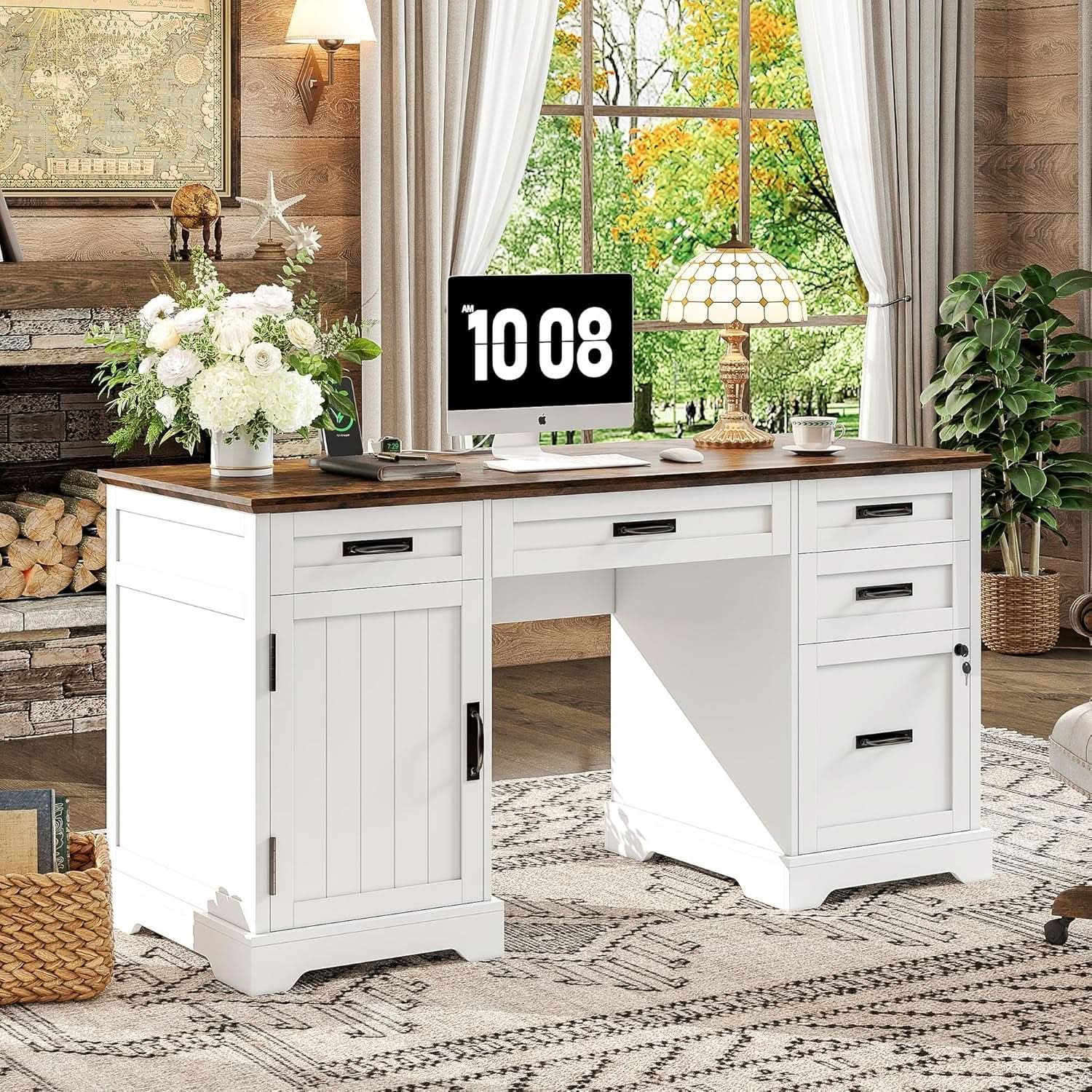 55 Inch Farmhouse Executive Desk With File Cabinet And Power Outlets