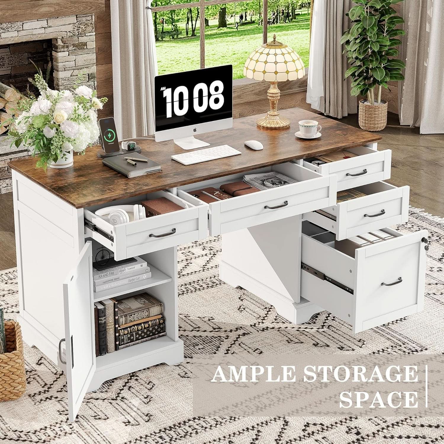 55 Inch Farmhouse Executive Desk With File Cabinet And Power Outlets