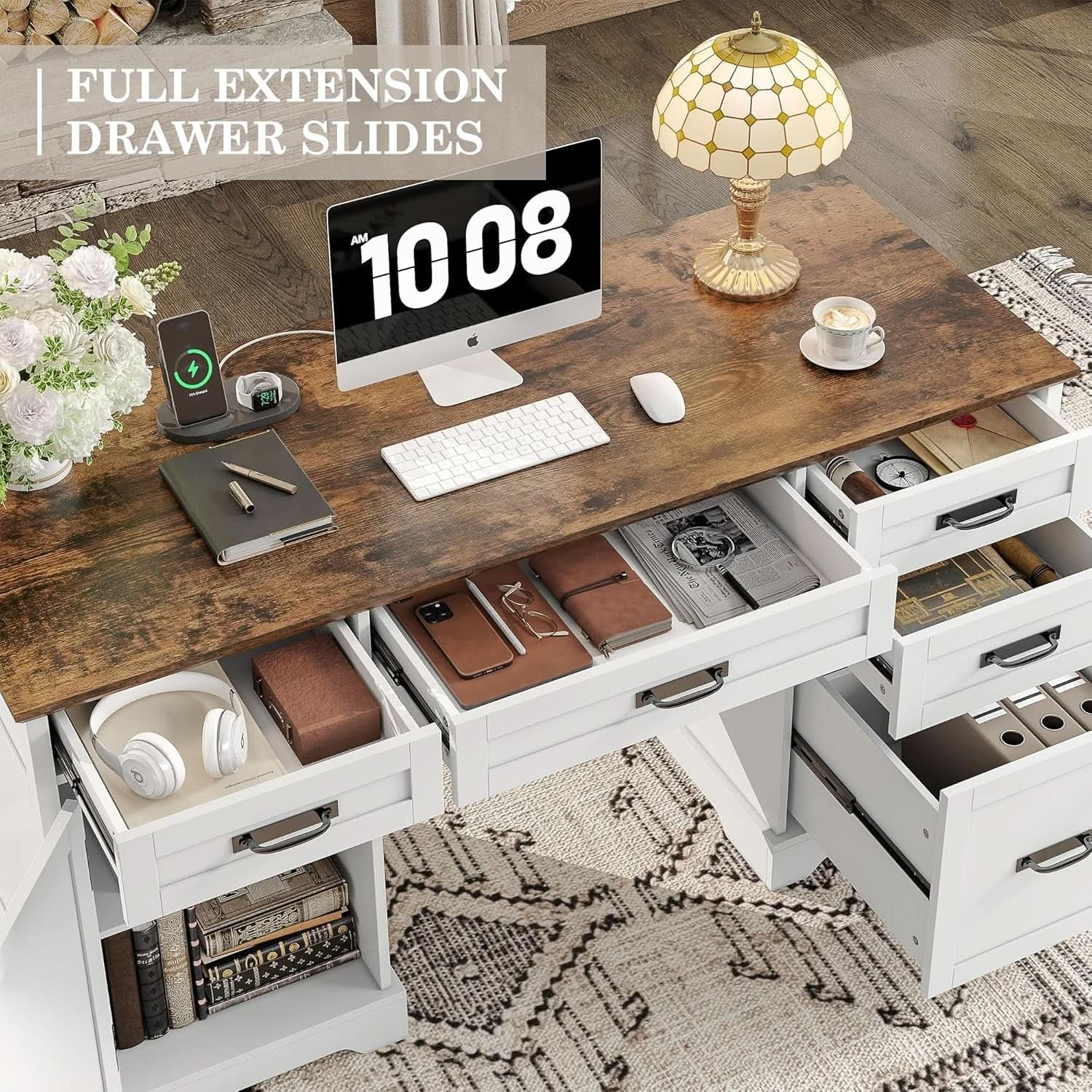 55 Inch Farmhouse Executive Desk With File Cabinet And Power Outlets