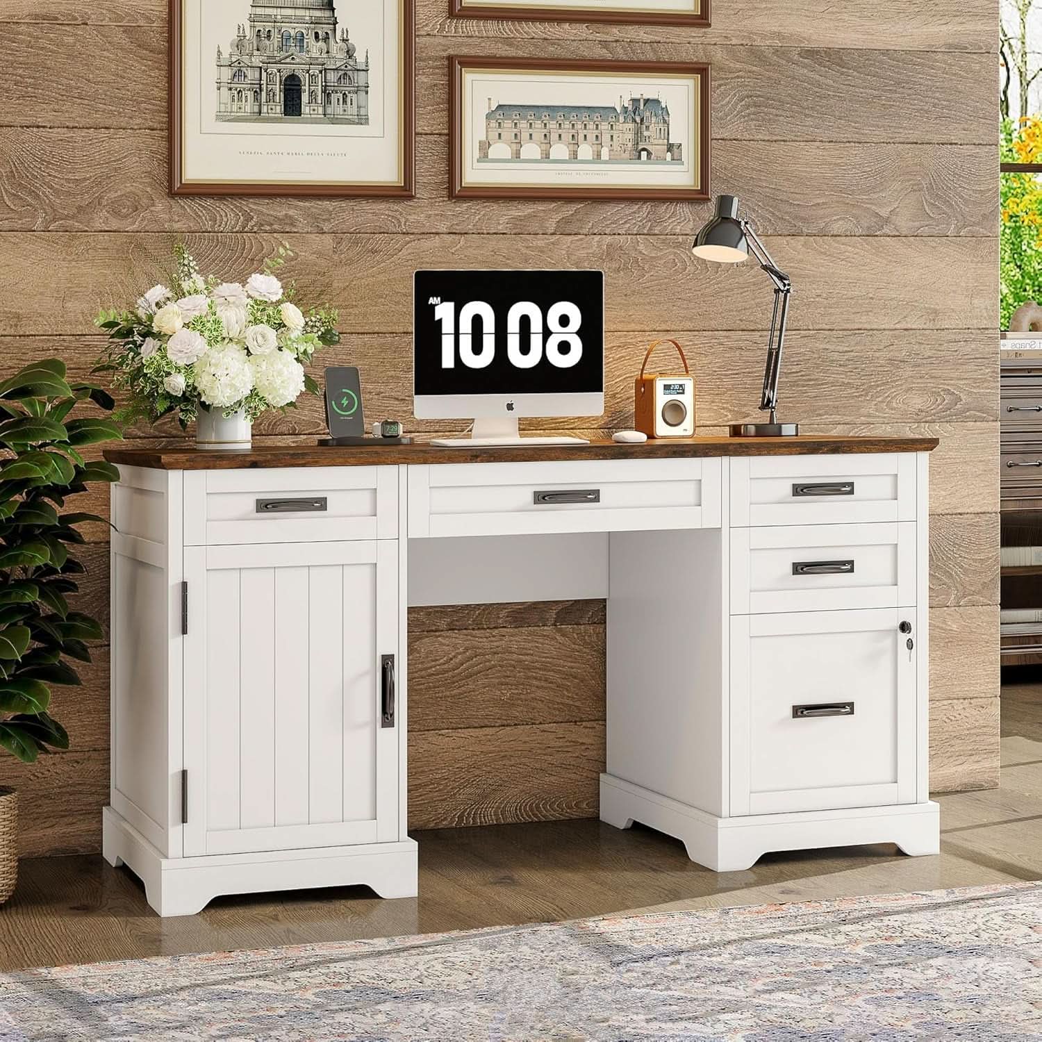 55 Inch Farmhouse Executive Desk With File Cabinet And Power Outlets