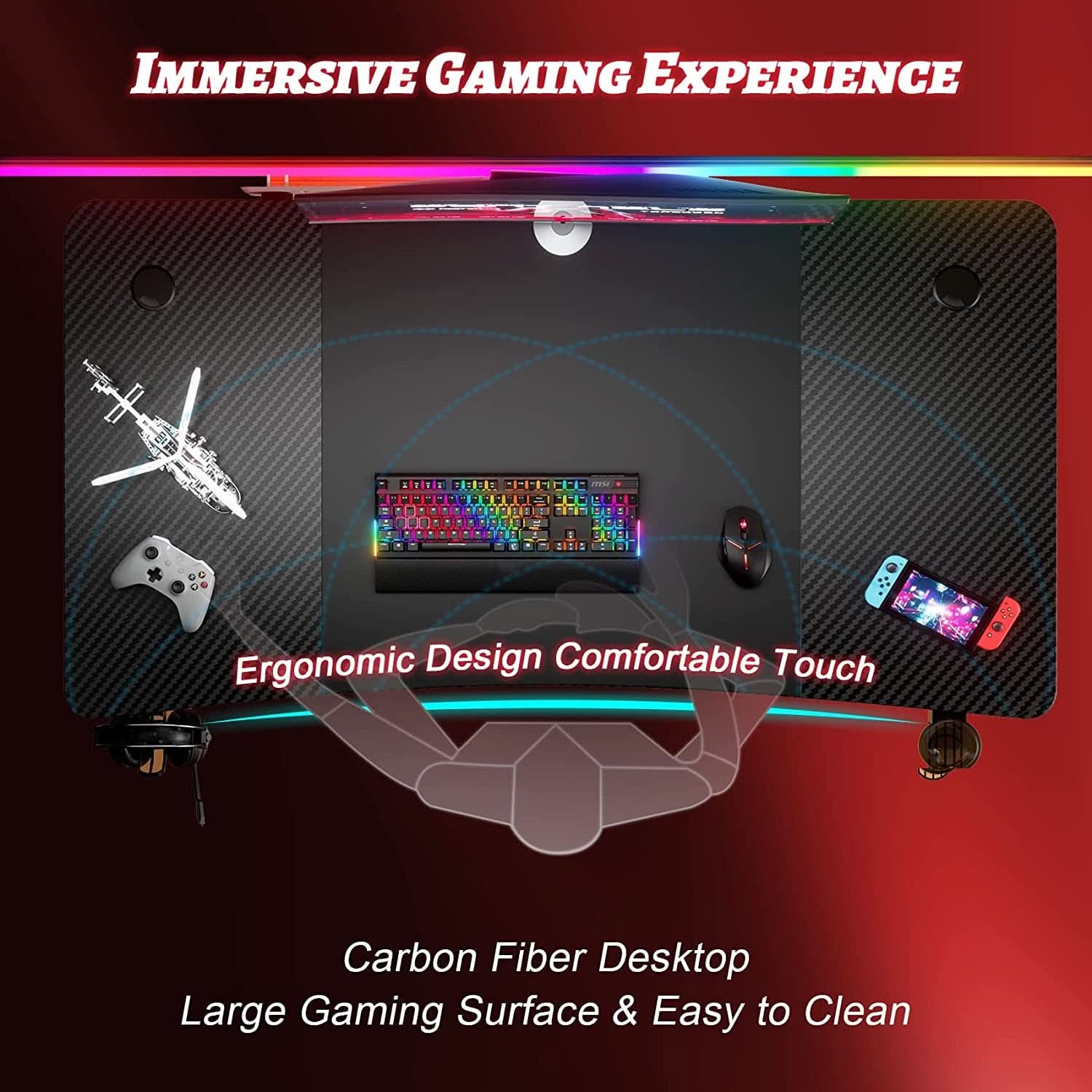 55 Inch Gaming Desk with Carbon Fibre Surface Features