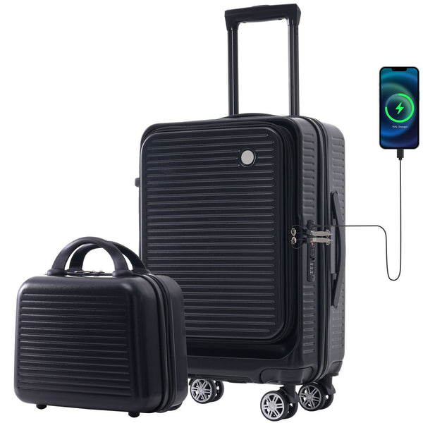 Carry-on Luggage 20 Inch Front Open Luggage Lightweight Suitcase with Front Pocket and USB Port, 1 Portable Carrying Case Black