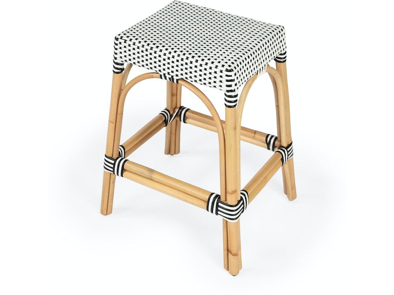 Robias Rectangular Rattan Stool in White and Black Dot