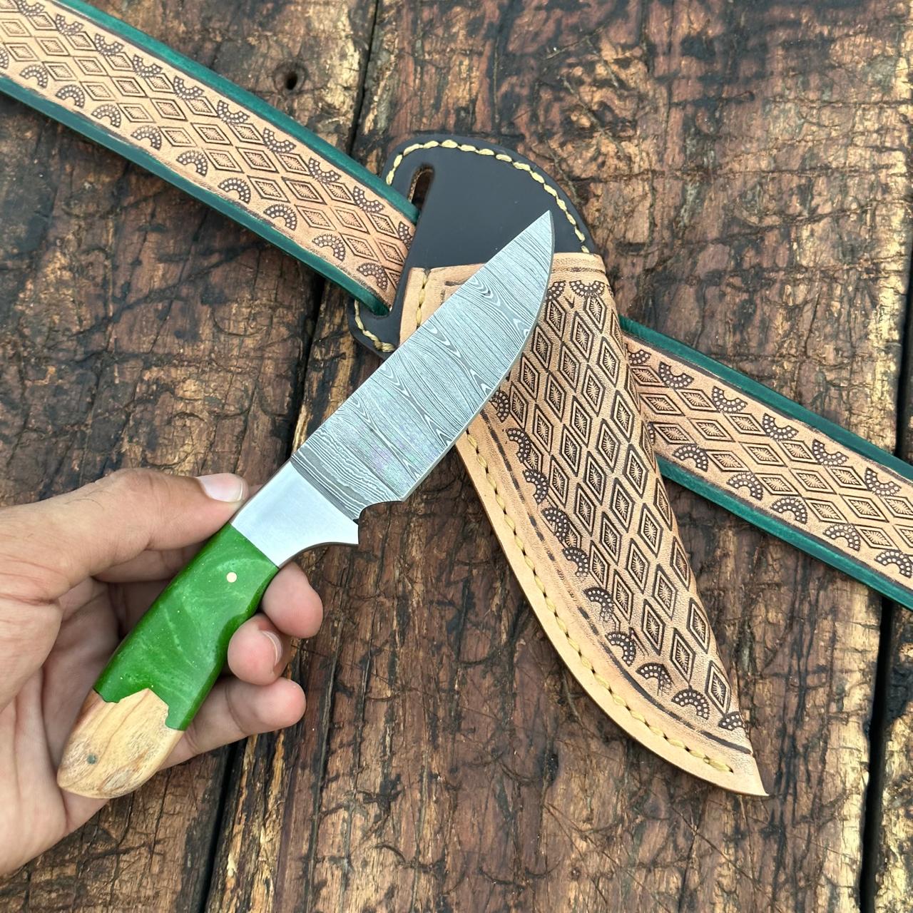 Yellowstone Damascus Skinner Knife with Hand tooled Sheath & Belt