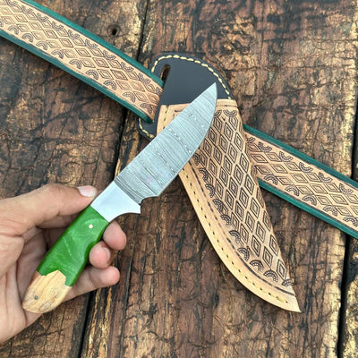 Yellowstone Damascus Skinner Knife with Hand tooled Sheath & Belt