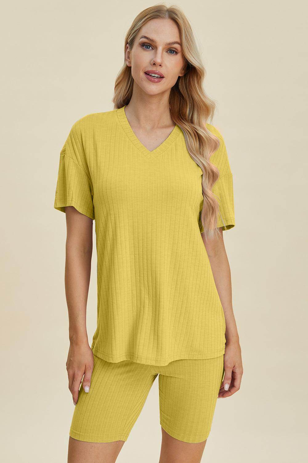 Basic Bae Full Size Ribbed V-Neck Top and Shorts Set For Women