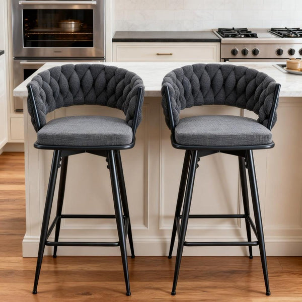 2 Set of Rotating Barstools With Breathable Cotton and Linen Soft Cushions
