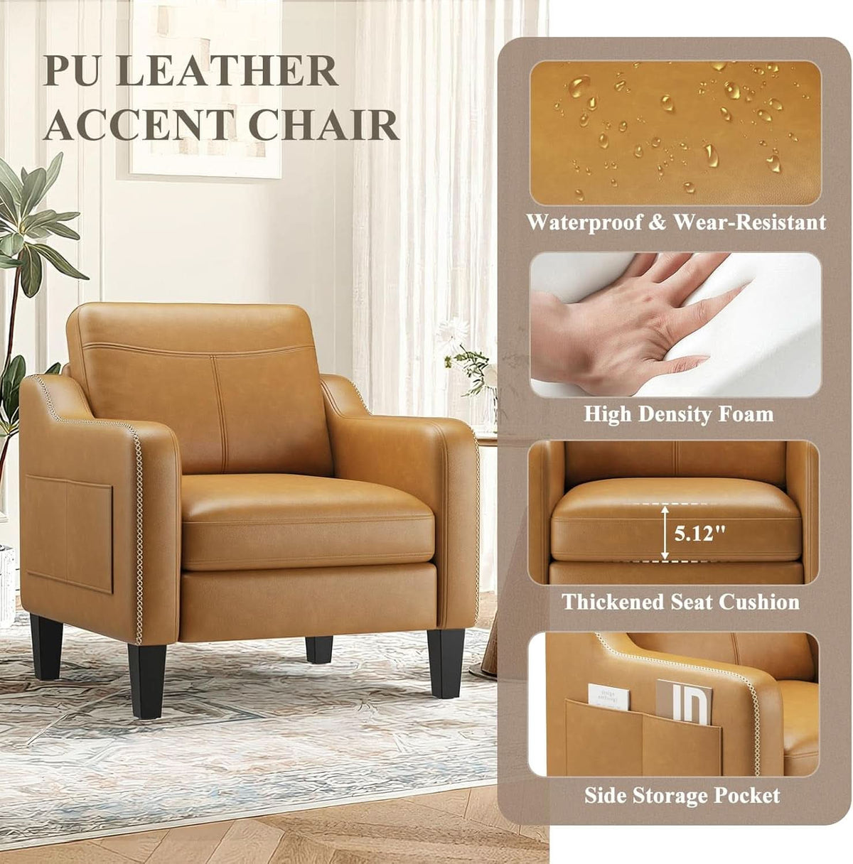 Brown PU Leather Mid Century Upholstered Armchairs