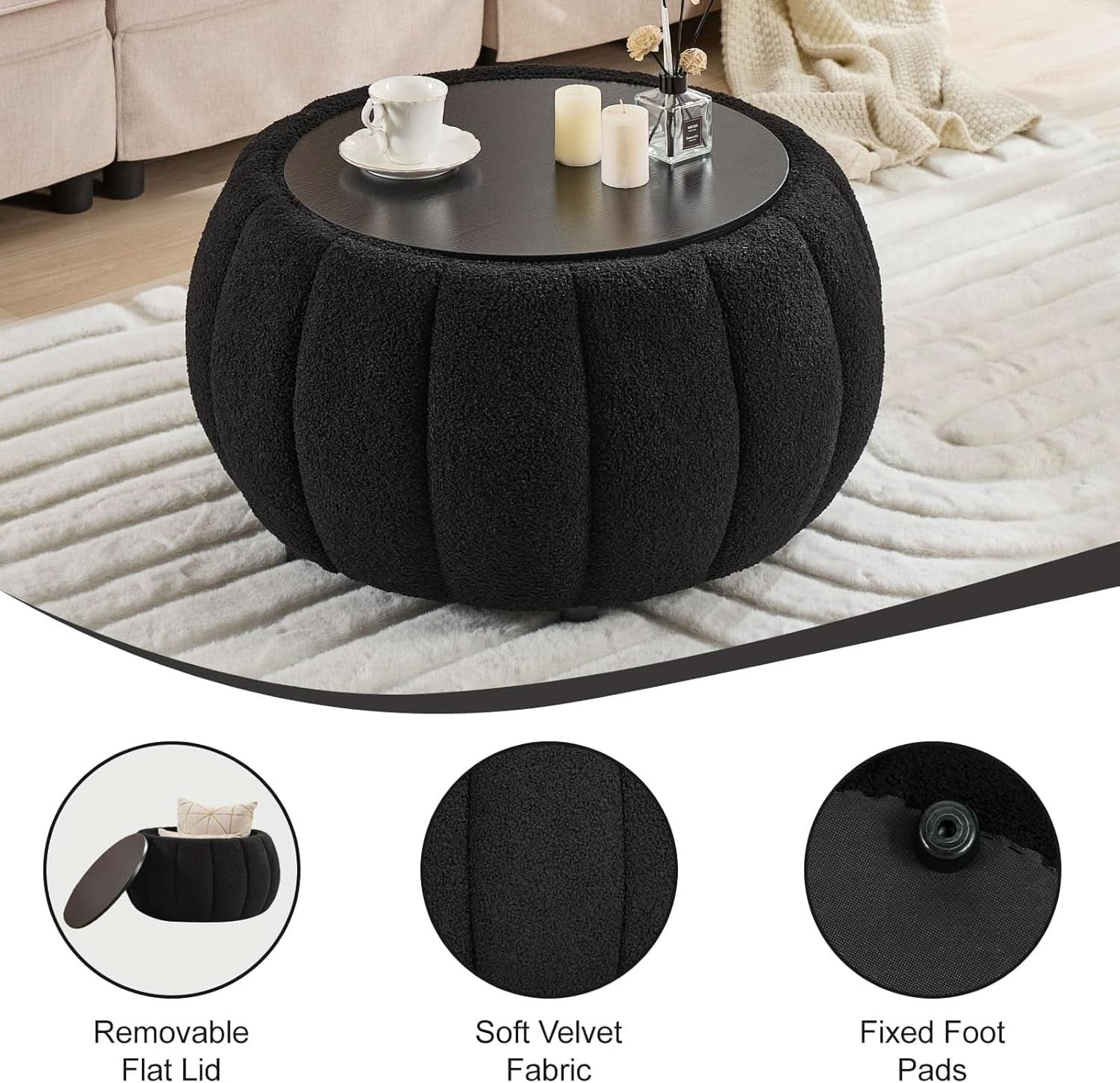 30 Inch Round Profile Teddy Fabric Hidden Storage Ottoman